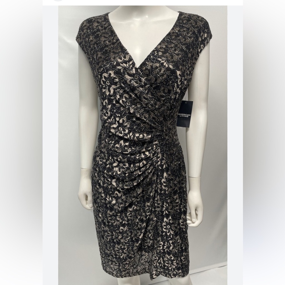 American Living Black and Gold Floral-sheath Midi Dress